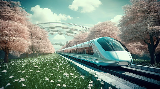 携手筑梦绽放未来背景图片_风景秀丽的春天环境中的先进超级高铁运输理念未来 3D 概念