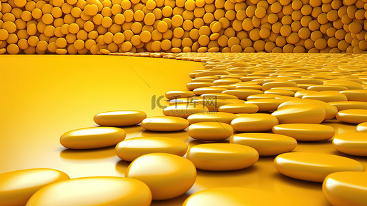 黄色药丸在黄色背景上创建路径的 3D 插图