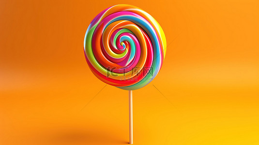 橙色圆圈背景图片_橙色背景下彩虹漩涡棒棒糖的 3D 渲染