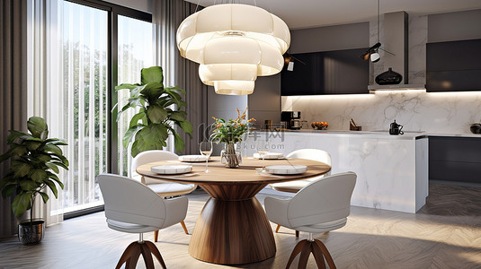 圆形的椅子背景图片_现代厨房内部展示了设计师设计的圆形餐桌四把椅子和 3D 渲染的优雅枝形吊灯