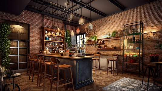 工业风格休息室的阁楼风格酒吧 3D 渲染