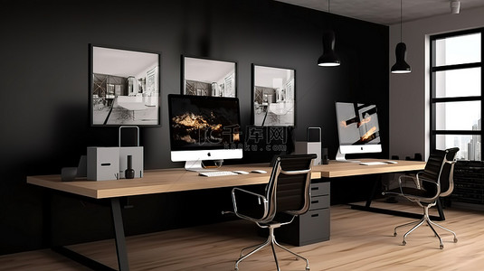 电脑办公桌面背景图片_带有样机台式电脑和黑色屏幕的时尚办公空间的 3D 插图