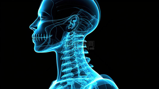 背景中突出显示 3D 女性医疗人物的颈骨