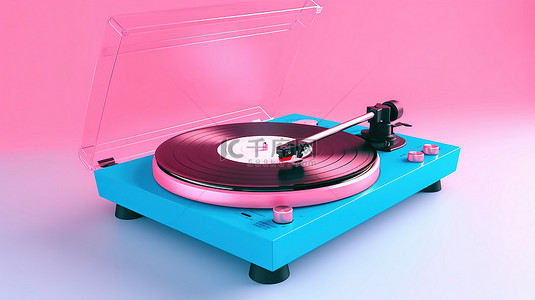 粉红色背景与双色调风格 3D 渲染蓝色专业 DJ 转盘播放黑胶唱片