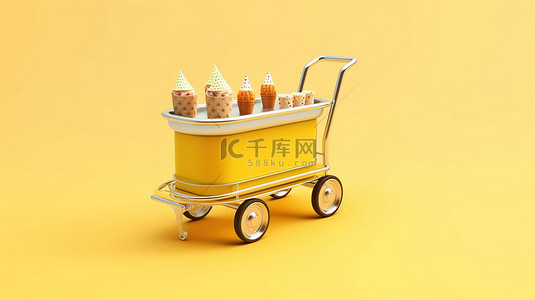 手推车车背景图片_带托盘车的白色和黄色背景冰淇淋车的 3D 渲染