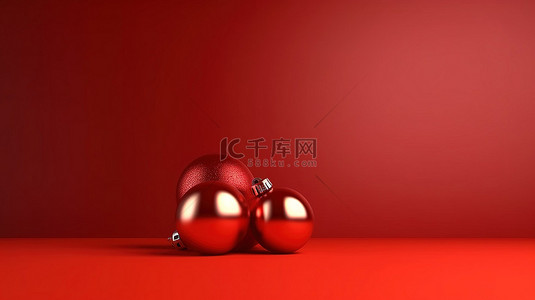 3d 渲染的红色圣诞球装饰品在红色背景下与中心复制空间