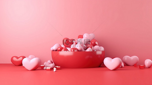 粉红色海报背景图片_一个快乐的情人节，在粉红色背景垂直方向排列的心形 3D 插图