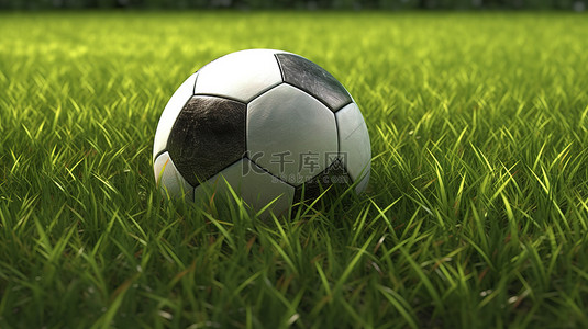 足球在绿色草坪上休息的 3d 渲染