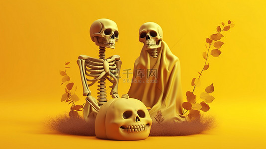 令人难以忘怀的墓碑和幽灵般的头骨在黄色背景下 3D 万圣节插图