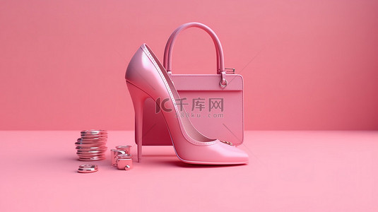 数字营销和在线购物粉红色背景的 3D 渲染，带包信用卡和高跟鞋