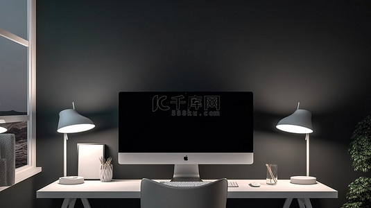 夜间黑暗客厅桌子上当代白色台式电脑的 3D 渲染
