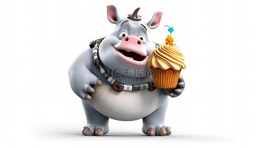 犀牛和犀牛鸟背景图片_可爱的 3D 犀牛角色，手里拿着纸杯蛋糕