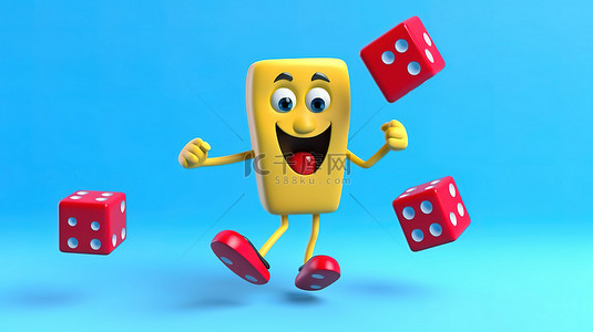 教育游戏背景图片_黄色背景下带有红色游戏骰子立方体的飞行蓝书人物吉祥物的 3D 渲染