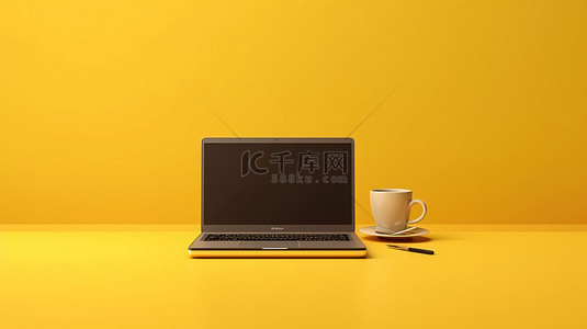 咖啡桌上 3d 渲染上的时尚概念黄色笔记本电脑