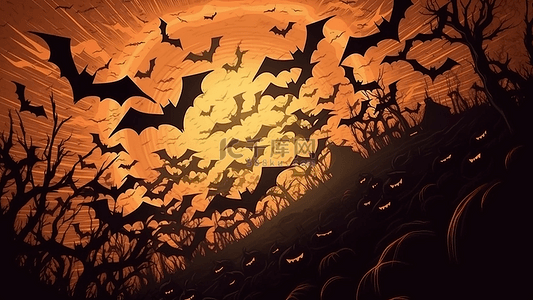 万圣节平面黄色许多蝙蝠