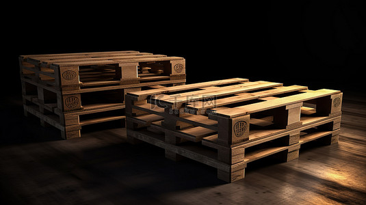 木箱子背景图片_以独特的视角渲染两个深色木托盘的 3D 渲染