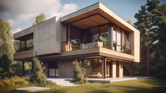 现代宏伟建筑背景图片_通过木材和混凝土的 3D 渲染创建的宏伟比例的当代住宅