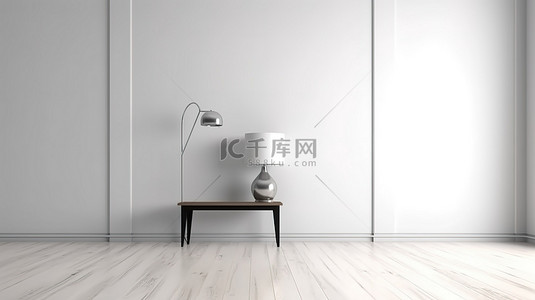 室内简约吊灯背景图片_简约是最好的一个整洁的房间，有一张边桌靠在白色的墙上，还有一盏时尚的吊灯 3D 渲染