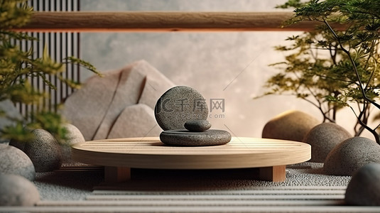 禅宗花园的灵感来自日式风格，带有石头平衡背景，用于 3D 产品展示
