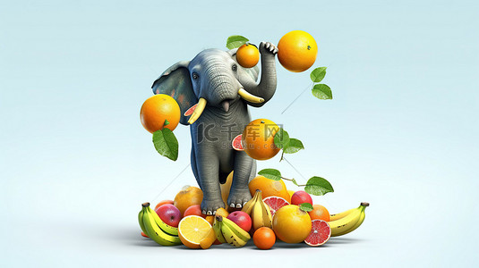 异想天开的 3D 大象顽皮地玩弄各种水果