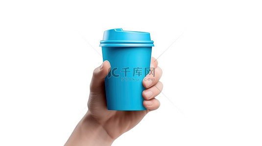 拿着咖啡杯背景图片_3D 渲染的卡通手穿着蓝色衬衫，拿着白色背景的纸咖啡杯的插图