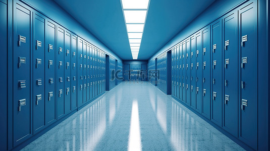 长长的学校走廊的 3D 插图，配有蓝色储物柜