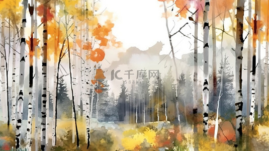 复古秋天背景图片_充满活力的水彩森林场景桦树和白杨树在令人惊叹的秋天色调中