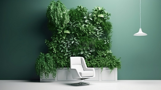 以 3d 渲染的带有植物装饰的单人椅