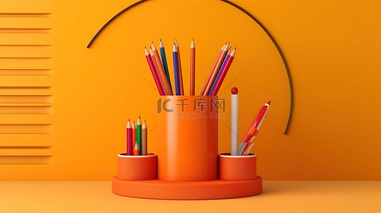 充满活力的橙色 3D 设计回到学校展示台，配有铅笔和书籍