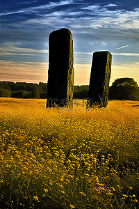 日出蓝天背景图片_田野里一座古老的石碑衬托着蓝天