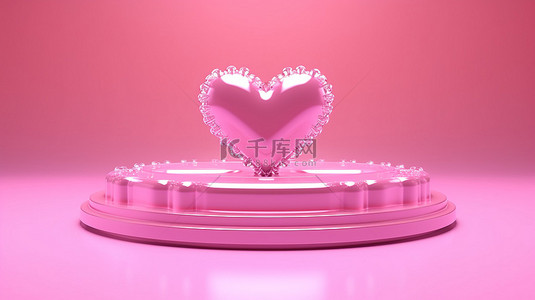 粉红色底座上的水晶心，在 3D 渲染的柔和粉红色背景下