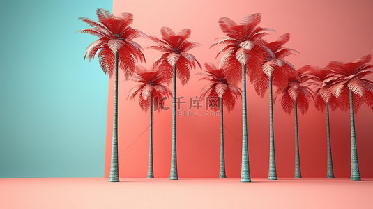 一家三代背景图片_珊瑚背景下热带棕榈树的简约 3D 渲染