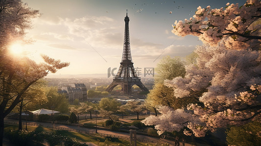 旅游插画风景背景图片_埃菲尔铁塔鲜花春天风景背景