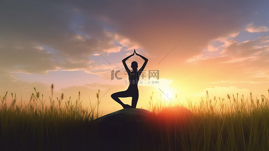 日落瑜伽女性在 3D 瑜伽中在草地景观中摆姿势