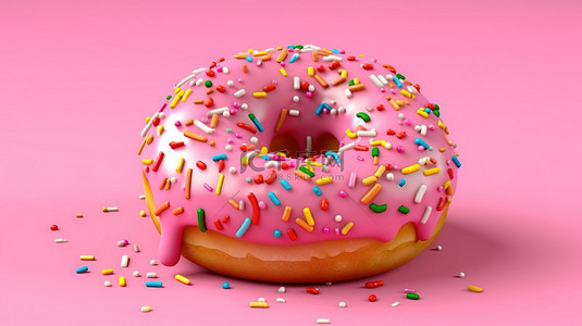 3D 渲染的甜甜圈，在粉红色背景下装饰着充满活力的洒水