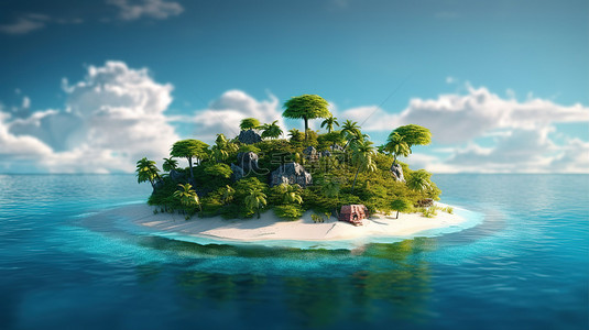 3D 插图展示了海洋中岛屿天堂的壮丽景色