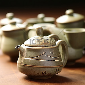 一组灰色小粘土中的茶壶