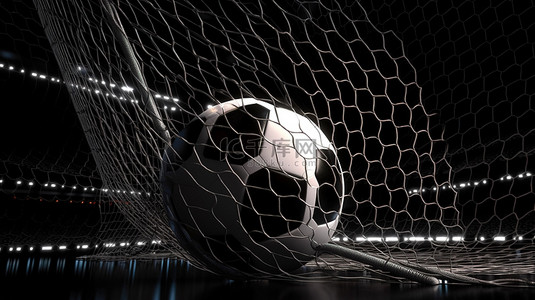 球门背景图片_体育场聚光灯照亮的球门中足球的胜利 3D 渲染