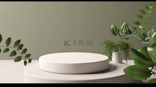 圆形讲台和植物平铺排列，用于 3D 产品展示