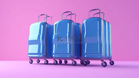 豪华酒店卡通背景图片_3D 渲染粉色背景，豪华酒店行李手推车上配有蓝色大型聚碳酸酯手提箱