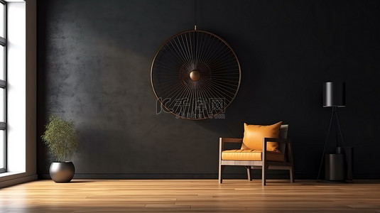 简约的室内木椅和风扇在空黑墙设置 3D 渲染
