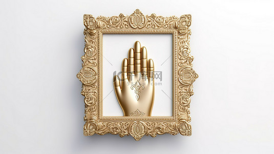 法蒂玛护身符的金色 hamsa 手的 3d 渲染，白色背景上有空相框