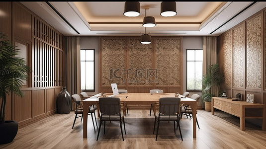 学习工作背景图片_具有亚洲风格的家庭办公室 3D 渲染会议和工作区