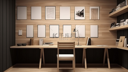 生活办公背景图片_工作室高级 3D 渲染照片中装饰木墙的空相框