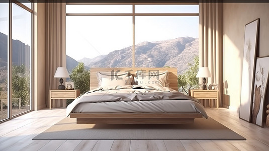 宽敞卧室的 3D 渲染，配有特大号床和大窗户