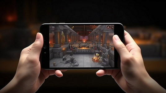 手持黑色智能手机的水平游戏风格概念 3D 渲染