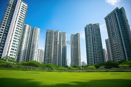 高大的住宅楼，周围绿草如茵