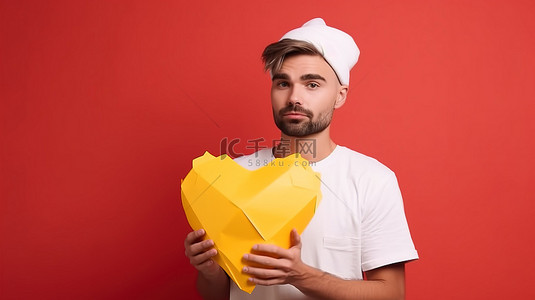 迷人的美国人穿着白色 T 恤，并在黄色背景上展示了一颗红色的 3D 纸心，上面有文字空白