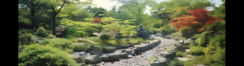 ps素材石路背景图片_花园里有一条色彩缤纷的石路，上面有岩石和不同的石头
