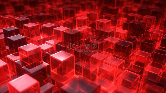 AI 数据保护概念充满活力的红色玻璃立方体在 3D 渲染背景中飞行，用于科技公司的网络开发